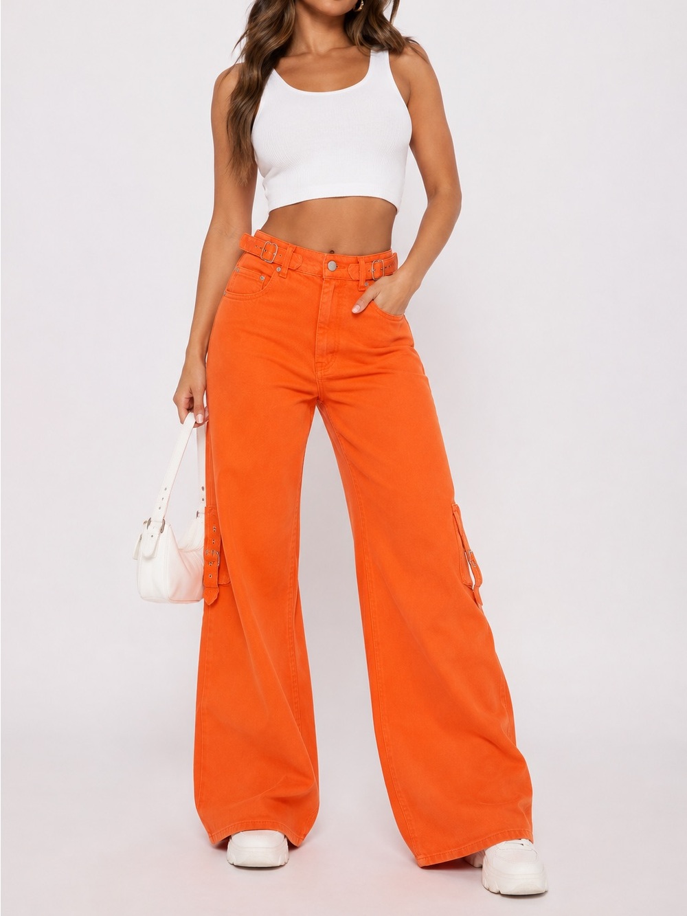 PrettyLittleThing Bright Orange Wide Leg Denim Jeans Adjustable Buckle US 2 Y2K